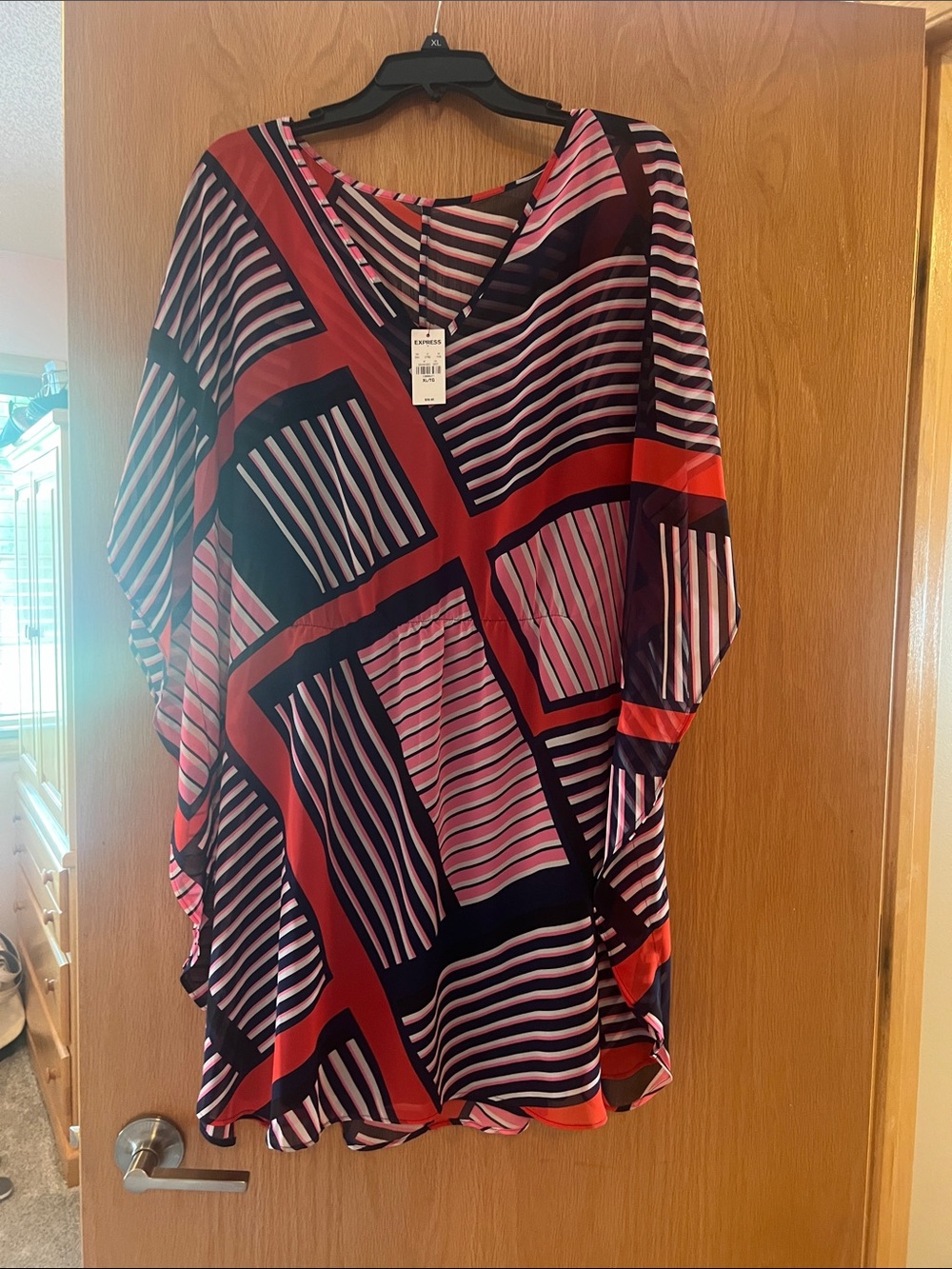 Express Women's Geometric Stripe Tunic - Red, Pink & Black